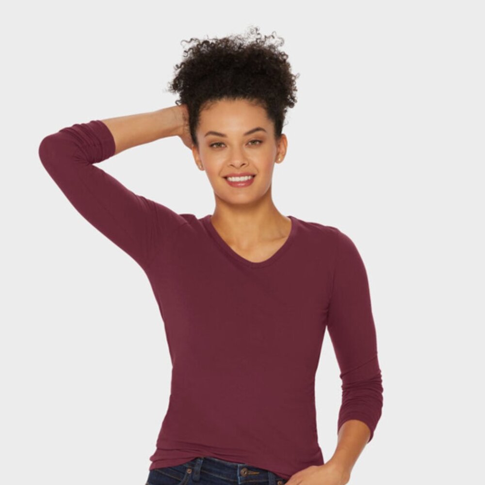 Duluth Women's No-Yank Long Sleeve V-Neck T-Shirt, Large, Maroon